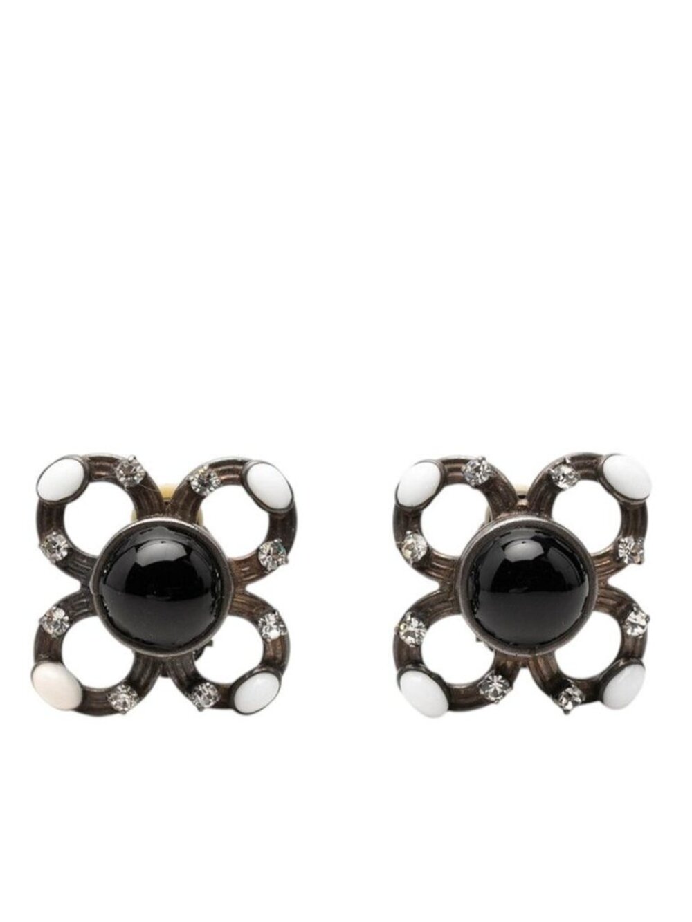 Chanel Flower Motif Earrings Silver Black Metal Rhinestone
